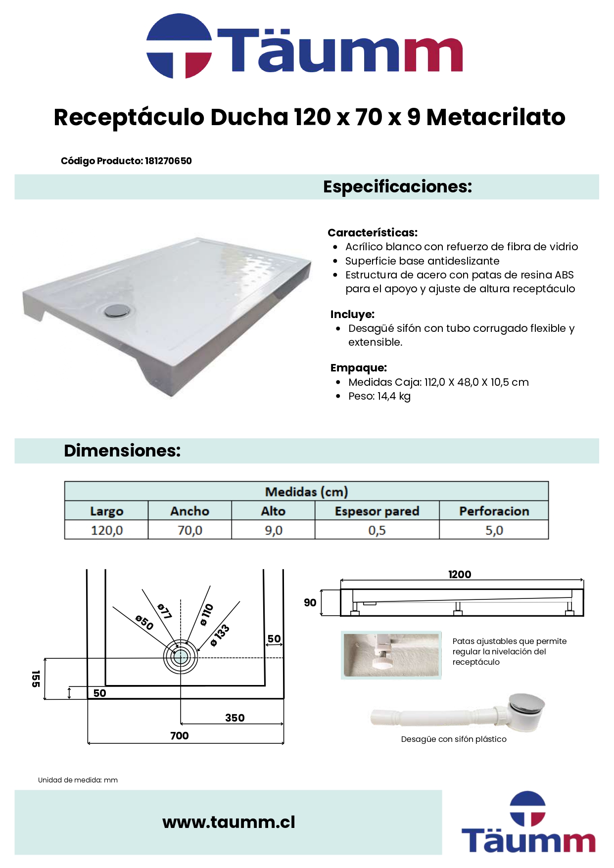 RECEPT?CULO DUCHA 120 X 70 X 9 - Imagen 2