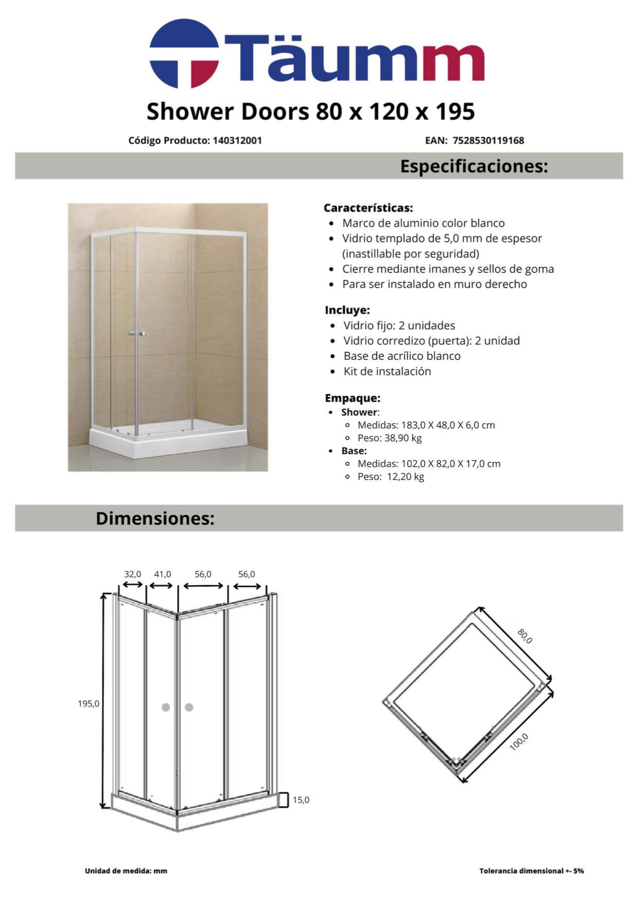SHOWER DOOR 80X120X195 (A MURO DER) - Imagen 2